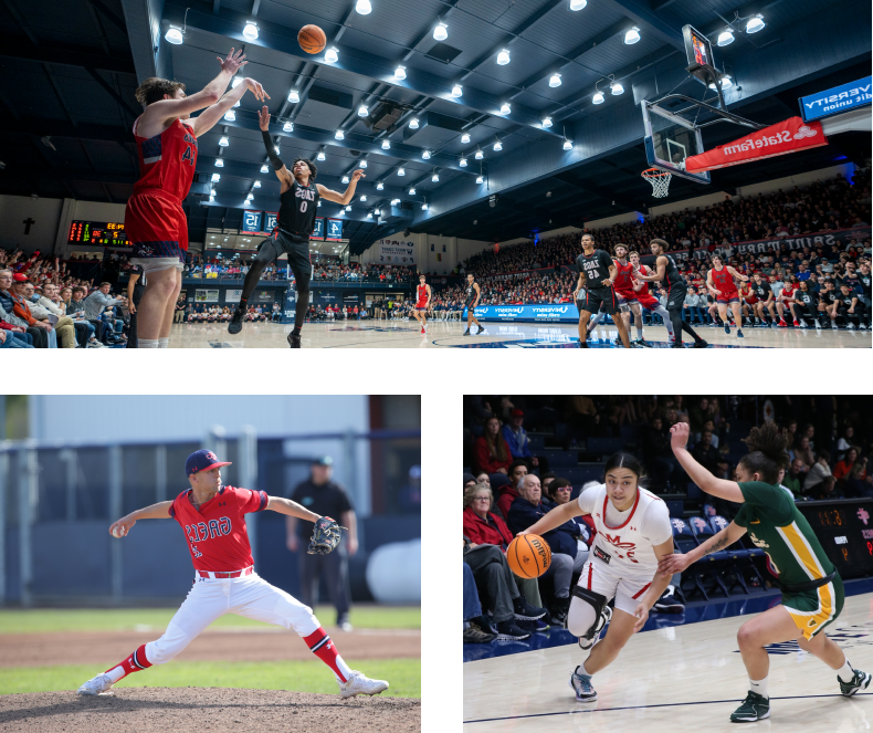 Saint Mary's College student athletes playing basketball and baseball